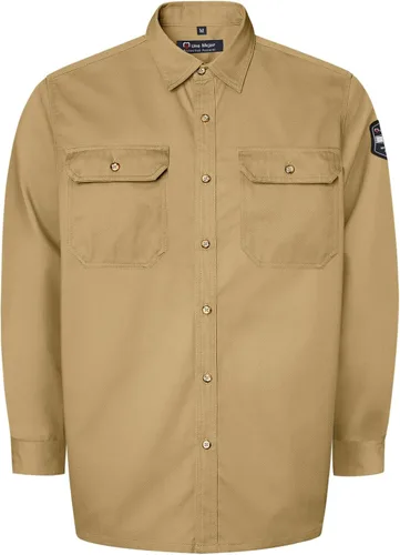 Vista 9 de Camisas FR grises para hombre, sarga de algodón de 7.5 onzas, manga larga, ajuste regular, cuello de punto, cuello Henley, 2 bolsillos de parche