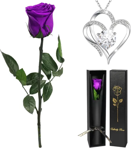 Vista 10 de Yamonic Regalos de rosas de cumpleaños para mujer, rosa real eterna con collar de corazón, regalos para mamá abuela, flores preservadas con tallo