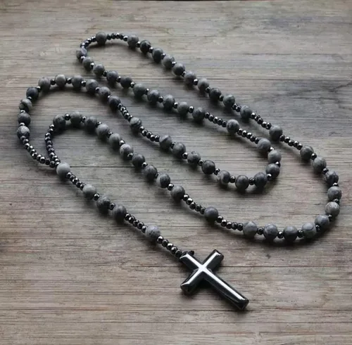 Vista 3 de Collar con colgante de cruz de ojo de tigre y hematita para hombres y mujeres, colgante de cruz de rosario de Cristo católico EM4H4 (07)
