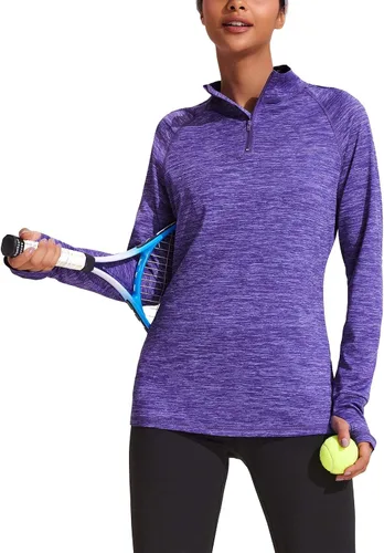 Vista 5 de ELESOL Camiseta de manga larga para mujer, con protección UPF 50+, para yoga, con agujero para pulgar, para entrenamiento, con cremallera de un