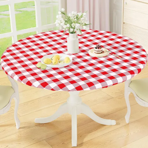 Vista 11 de misaya Mantel redondo ajustable con borde elástico, mantel de vinilo impermeable a cuadros de búfalo con parte trasera de franela para mesas