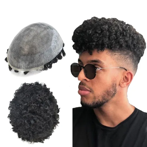 Vista 9 de Unidad de cabello humano para hombres negros, rizado afro brasileño, sistema de reemplazo de cabello para hombres afroamericanos afroamericanos