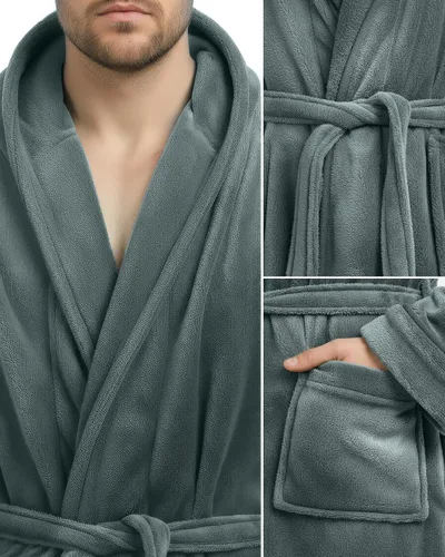 Vista 3 de NY Threads Bata de baño con capucha para hombre, de felpa de lujo, con capucha, bata de baño de spa para hombre