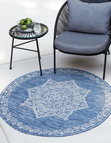 Vista 33 de Unique Loom Alfombra de la colección tradicional para exteriores, antigua (4 pies 1 pulgada, redonda, verde azulado/gris)