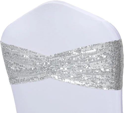 Vista 11 de Poise3EHome Bandas de silla de lentejuelas negras, bandas para sillas plegables para decoraciones de boda, ceremonia, banquete, 10