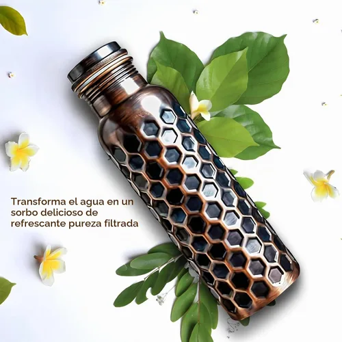Vista 4 de ALV Botella de agua de cobre para beber, 34 onzas, grande, martillada, 100% de cobre puro, botella de agua ayurvédica a prueba de fugas para yoga