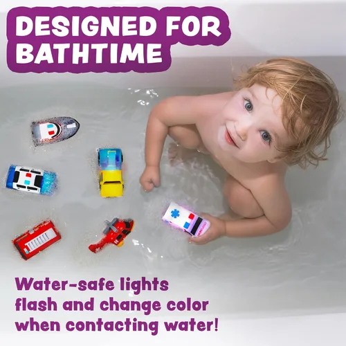 Vista 9 de Tub Works® Emergency™ Cars - Juguetes de baño iluminados, paquete de 6 Juguetes iluminados activados por agua parpadean y cambian