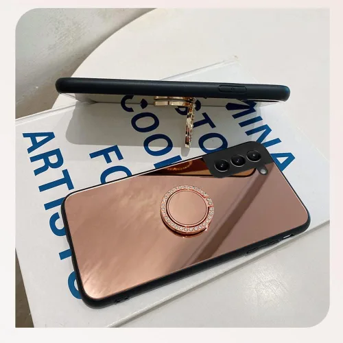 Vista 5 de Funda de espejo compatible con Samsung Galaxy A12 5G, carcasa rígida de policarbonato TPU con soporte de anillo de diamante, agarre de dedo, soporte
