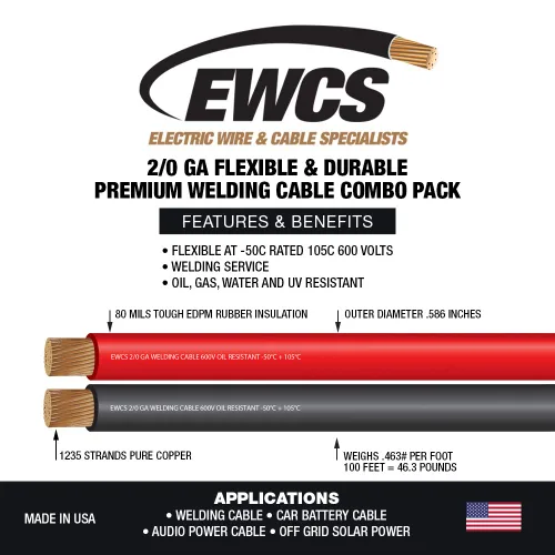 Vista 3 de EWCS Calibre 2/0 extra– Cable soldadura flexible 600 Volt – Combo – Negro + Rojo – fabricado en EE. UU.