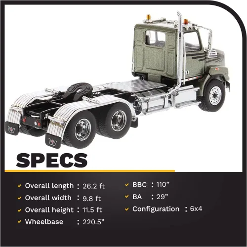 Vista 2 de Diecast Masters Western Star 4700 SB Tandem Day Cab Truck-Tractor - Verde Oliva Metálico Especificaciones de camiones reales Escala 1:50