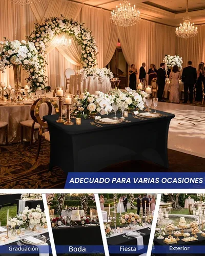 Vista 7 de Fixwal Juego de 2 manteles rectangulares elásticos negros de 4 pies, de elastano, ajustables, lavables, para fiestas, ferias, banquetes, bodas, bufés