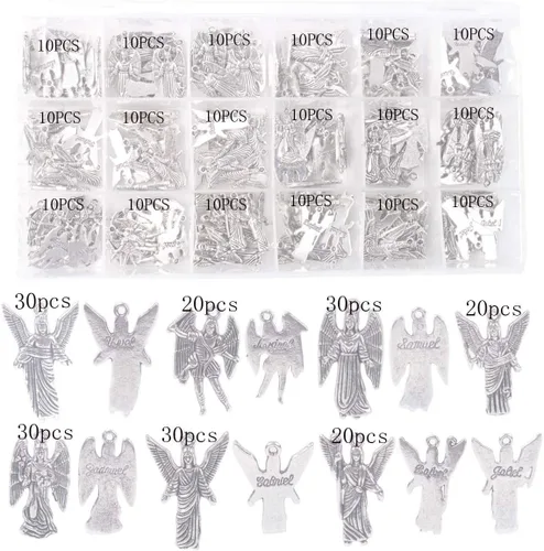 Vista 2 de ChangJin - Una caja de 180 dijes de ángeles de metal plateado envejecido para hacer joyas en almacenamiento (7 estilos), Metal, No es una piedra