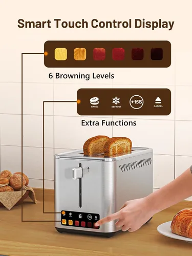 Vista 2 de KEENSTAR Tostadora táctil de 2 ranuras con 6 niveles de tostado, bagel, descongelación y temporizador, ranuras anchas de 1.5", bandeja extraíble