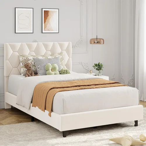 Vista 4 de GarveeHome Marco de Cama de Plataforma Tamaño Twin con Cabecera Tapizada y Soporte de Listones de Madera, Base de Colchón Tapizada/No Necesita Beige