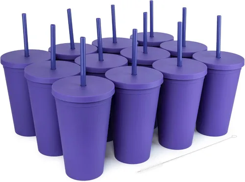 Vista 10 de Vasos con tapas (paquete de 12) vasos acrílicos de colores de 16 onzas con tapas y popotes, vasos a granel de plástico mate de doble pared