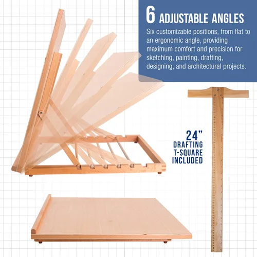 Vista 3 de U.S. Art Supply Tablero de dibujo de madera extragrande de 26" x 21", caballete de mesa ajustable para pintar y dibujar - Tablero de dibujo