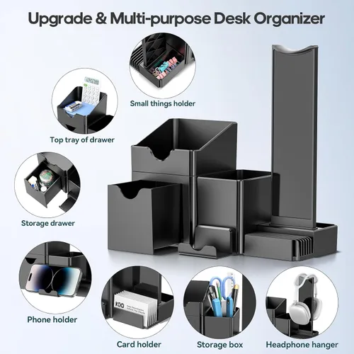 Vista 3 de KDD Organizador de bolígrafos con soporte para auriculares, soporte para lápices para escritorio con cajón y tarjetero, juego organizador