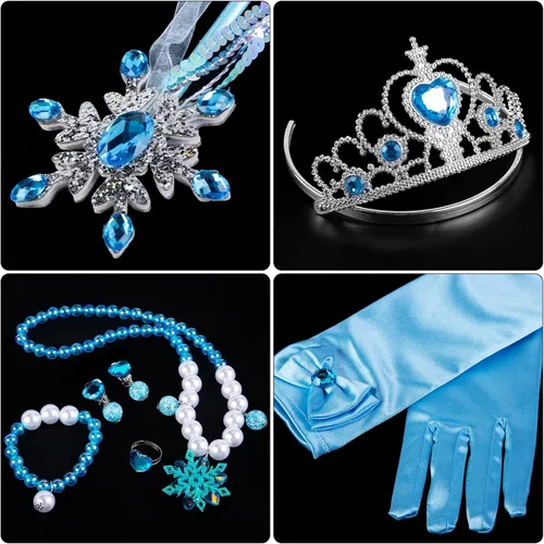 Vista 4 de Shindel 8 accesorios de disfraz de princesa, corona de princesa, guantes, collar, aretes, banda para el cabello, disfraz de cosplay para niñas