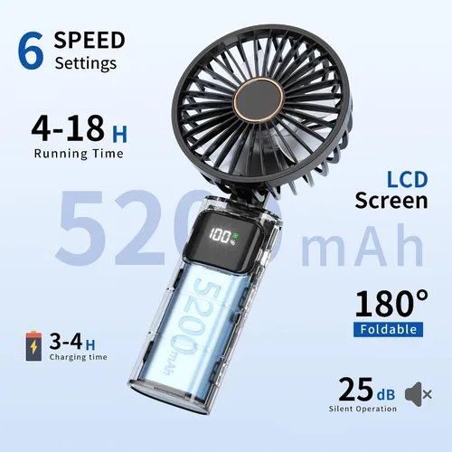 Vista 2 de Ventilador de mano portátil, mini ventilador personal plegable recargable por USB, 5200 mAh, 180 ajustables, viento de 6 velocidades, ventilador