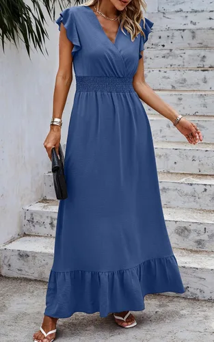 Vista 2 de ECOWISH Vestido largo para mujer, manga casquillo, estilo bohemio, cuello en V, vestidos largos