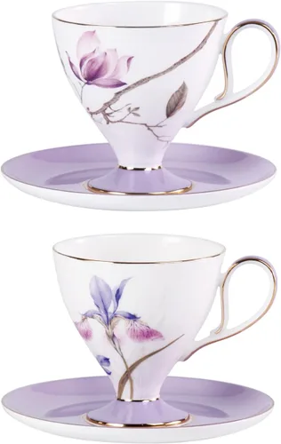 Vista 9 de KAMMAK Juego de 2 tazas de café de cerámica, tazas de café de porcelana con platillos, 6.52 onzas hechas a mano, elegante taza de té de porcelana