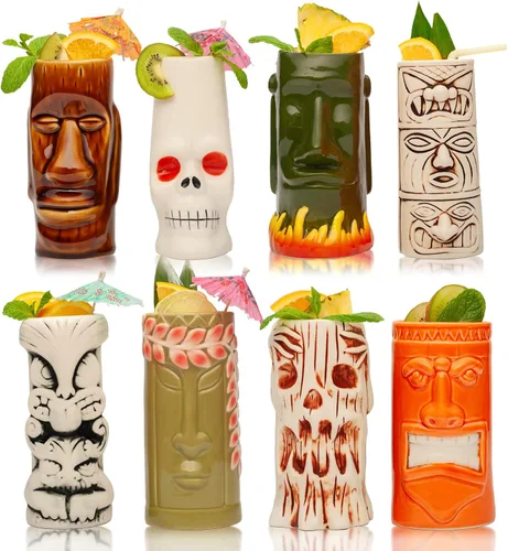 Vista 5 de LEMONSODA Vasos de cerámica tiki hawaianos (cerámica, juego de 4)