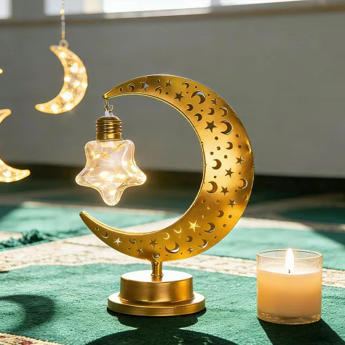 Vista 8 de Decoración de Ramadán, luces de Ramadán de luna y estrella para mesa, decoraciones de Ramadán para el hogar, interior y exterior, lámpara de luna
