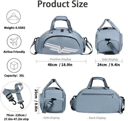 Vista 3 de FIORETTO Bolsa de deporte para hombre con bolsillo húmedo y compartimento para zapatos, ideal para viajes, gimnasio, deportes, natación, B-azul