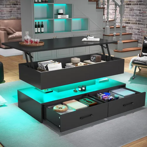 Vista 3 de SEDETA Mesa de centro elevable de 40 pulgadas, mesas de centro con almacenamiento para sala de estar, mesa de centro pequeña con 2 cajones y luz LED