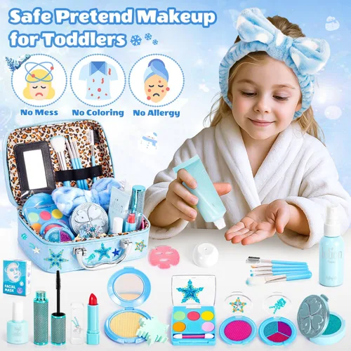 Vista 4 de Hohosunlar Maquillaje de simulación Frozen para niñas, juguetes 3-5 años, maquillaje de juguete falso, juguetes de princesa de Frozen para niñas