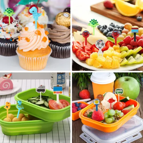 Vista 5 de OOTSR 30 púas de comida para niños, mini palillo de dientes de dinosaurio, reutilizables, para cupcakes, postres, para fiestas, cocina, caja