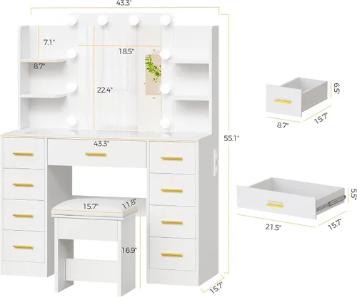 Vista 7 de BEWISHOME - Tocador de maquillaje con espejo y luces, mesa de tocador blanca con superficie de vidrio, toma de corriente, taburete, tocador con 9