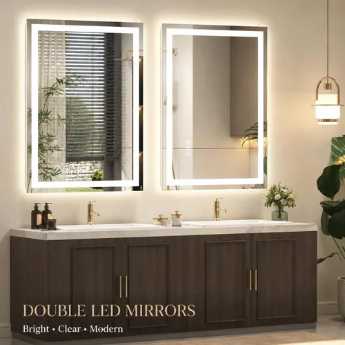 Vista 7 de Espejo de baño LED iluminado de 30 x 30 pulgadas para pared, espejo cuadrado de tocador con luces, regulable, antivaho, a prueba de roturas