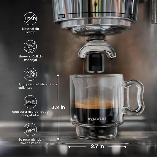 Vista 2 de ovalware RJ3 - Tazas de vidrio para café expreso de 4 onzas (juego de 4) de doble pared con mango de mariposa maciza, elegante taza de café espresso