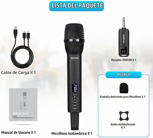 Vista 7 de Micrófono inalámbrico recargable, sistema de micrófonos de mano inalámbricos profesionales dinámicos con control de eco, agudos, graves, volumen