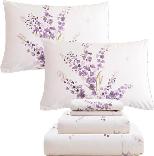 Vista 17 de QSH Juego de sábanas de tamaño individual 100% algodón egipcio, estampado de flores verdes con pájaros, mariposas y botánicas, lujo impreso, ropa