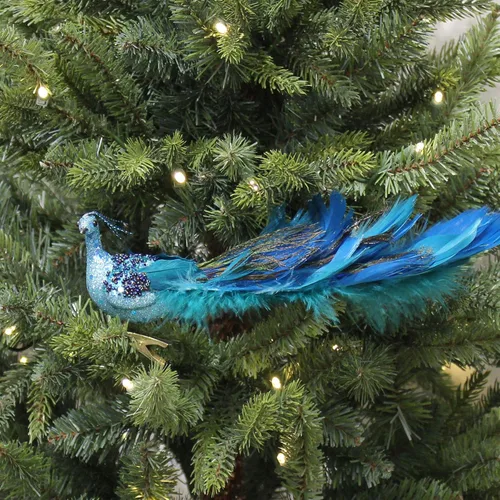 Vista 7 de Adornos de Navidad 2023, plumas de pavo real, pavo real con adorno de purpurina con clip, decoraciones de pájaros falsos para árboles de Navidad