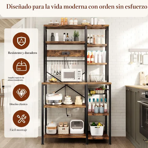 Vista 8 de GRUSIGN Estante para hornear de cocina con almacenamiento, estación de barra de café de 6 niveles con toma de corriente, soporte para microondas