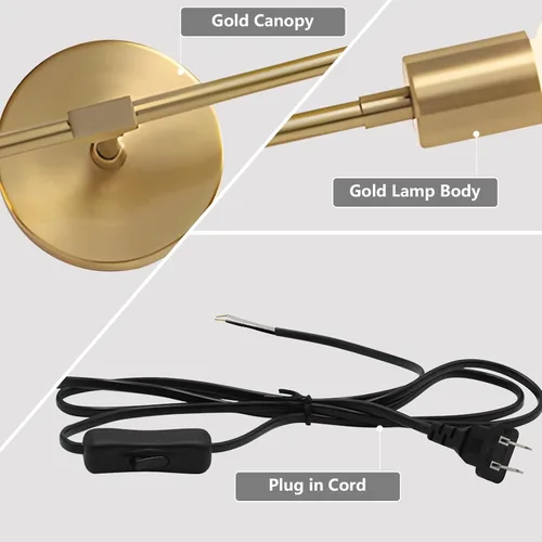 Vista 3 de KCO Lámpara de pared dorada con 2 luces para tocador de baño, luz de lectura de pared de latón, moderna de mediados de siglo, para pasillo, sala