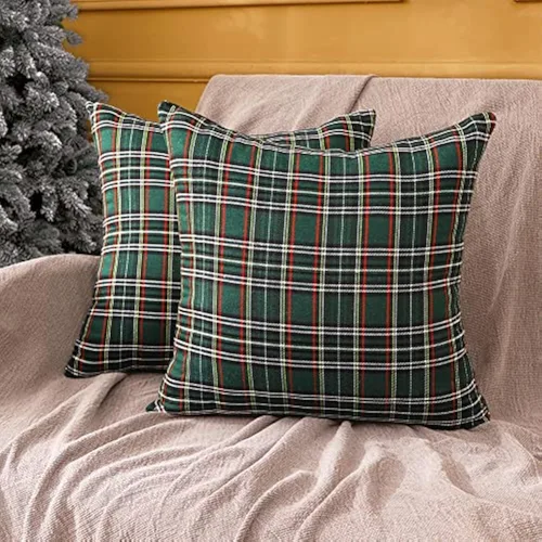 Vista 21 de Juego de 2 fundas de almohada lumbar de Navidad para exteriores de tartán Tartán lumbar marrón