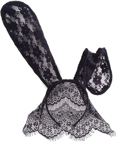Vista 3 de Aceorna Diademas de velo de orejas de conejo, velo de encaje negro, banda para el pelo, con estampado de flores, orejas de conejo, decoración