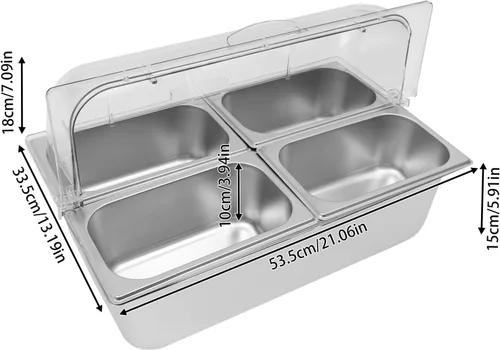 Vista 9 de Recipiente de acero inoxidable para servir alimentos de 4 bandejas con tapa, servidor de condimentos con cucharas, abrazaderas, bolsas de agua
