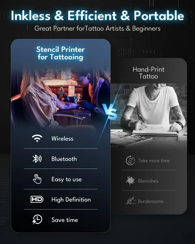 Vista 4 de Impresora inalámbrica de plantillas de tatuaje 2025 con 10 piezas de papel de transferencia, máquina impresora de tatuajes para artistas de tatuajes