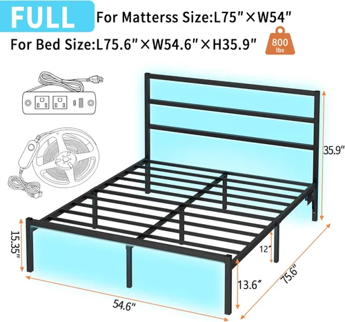 Vista 2 de CLIBFENG Marco de cama tamaño completo con cabecero, soporte de listones de acero resistente, marco de cama LED con estación de carga USB, base
