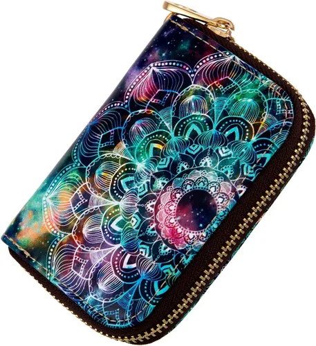 Vista 5 de AIRMORS Tarjetero para mujer con cremallera de cuero con cierre RFID bloqueo llavero (AA Mandala in the Galaxy)