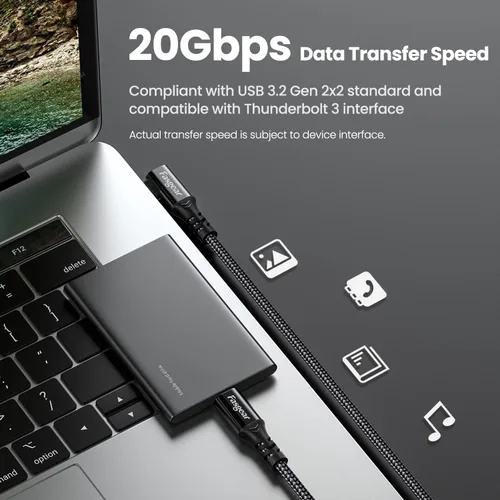 Vista 2 de Fasgear Cable USB C a tipo C 3.2 Gen 2x2 de 3 pies, carga de 20 Gbps 100 W, cable USB-C trenzado de video 4K de 90 grados, compatible con MacBook