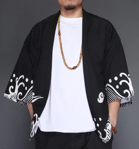 Vista 4 de LifeHe Chaquetas tipo kimono para hombre, cárdigan japonés, ligero, casual, siete mangas, frente abierto, camisa abrigo