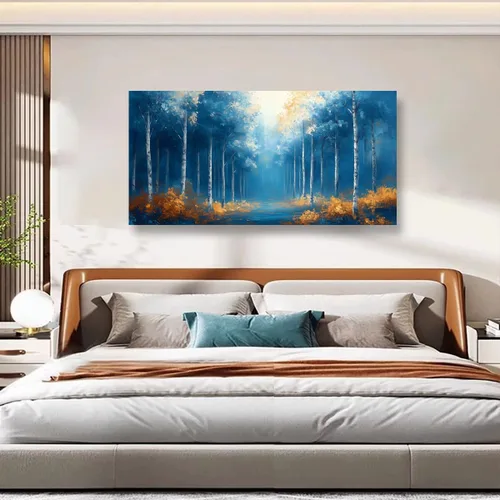 Vista 6 de Cuadros de bosque azul para pared, arte de pared para sala de estar, dormitorio, bosque impreso para decoración del hogar, arte abstracto de niebla