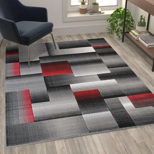 Vista 12 de Flash Furniture Elio Collection - Alfombra de área con patrón de bloques de color, alfombra de olefina azul de pelo alto, alfombra de área de 2 x 3