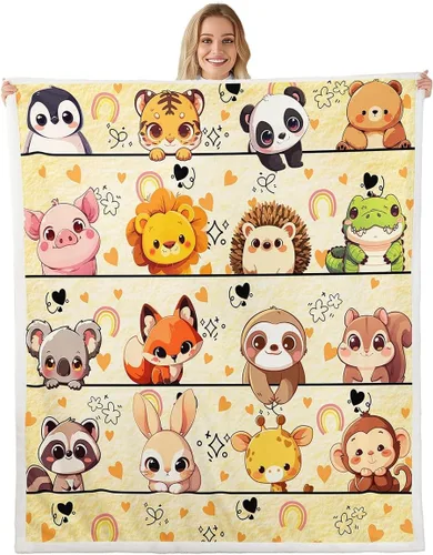 Vista 20 de Manta de franela de animales de dibujos animados para todas las estaciones, manta de cama azul con estampado de amor Kawaii para decoración